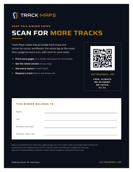 Back page: what Track Maps is, a QR code to the site, a box for your name and car, and the license credit (Night)