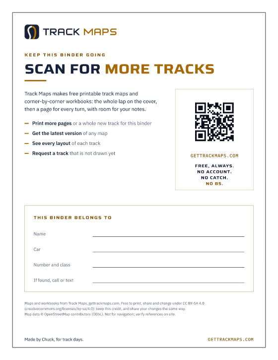 Back page: what Track Maps is, a QR code to the site, a box for your name and car, and the license credit (Paper)