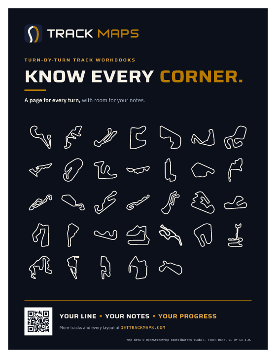 Front cover: the Track Maps logo, Know every corner, every track outline, and a QR code to the site (Night)