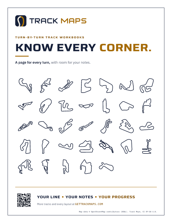 Front cover: the Track Maps logo, Know every corner, every track outline, and a QR code to the site (Paper)