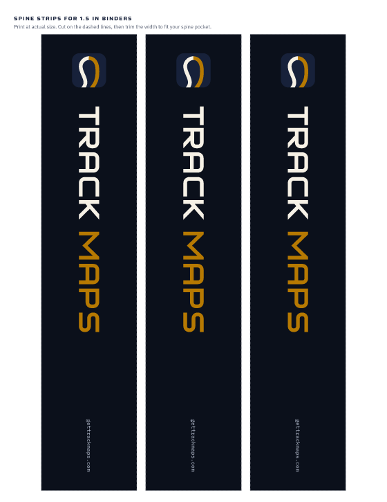 Spine strips: the Track Maps mark and name running down each strip, with cut lines (Night)