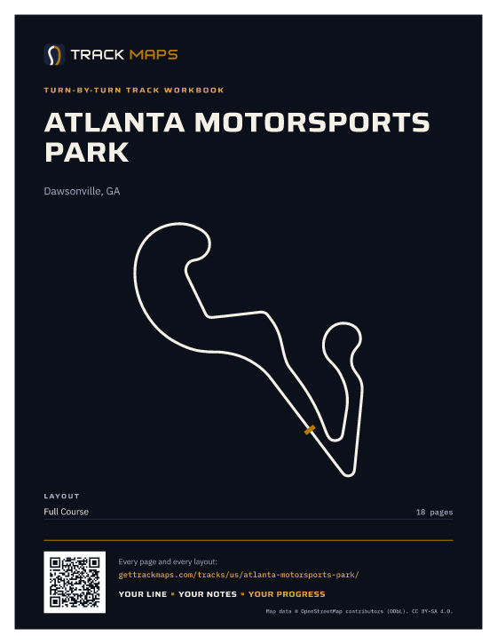 Example track cover: Atlanta Motorsports Park, its outline, layouts and page counts (Night)